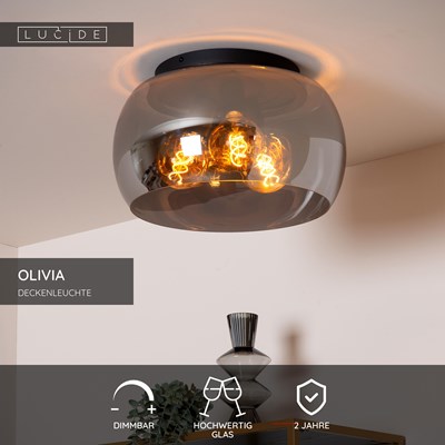 Lucide OLIVIA - Deckenleuchte - Ø 40 cm - 3xE27 - Rauchfarbe Grau